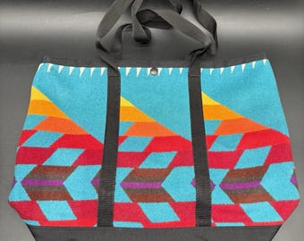 Justin Kraff Southwestern Wool Tote Bag Turquoise Red Aztec Pattern Made USA