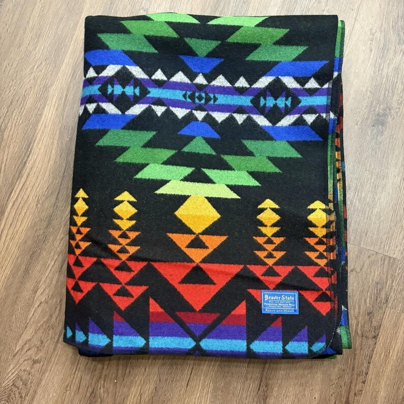 Pendleton Beaver State Wool Blanket Rainbow Geometric Black 64x80 Vintage image 12