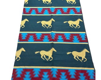 Wool Running Horses Native Style Blanket Teal Gold Reversible Casino Exclu 90x92