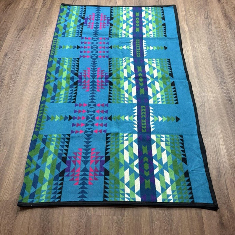 Pendleton Beaver State Wool Blanket 64x80 Geometric Blue Green Purple image 3