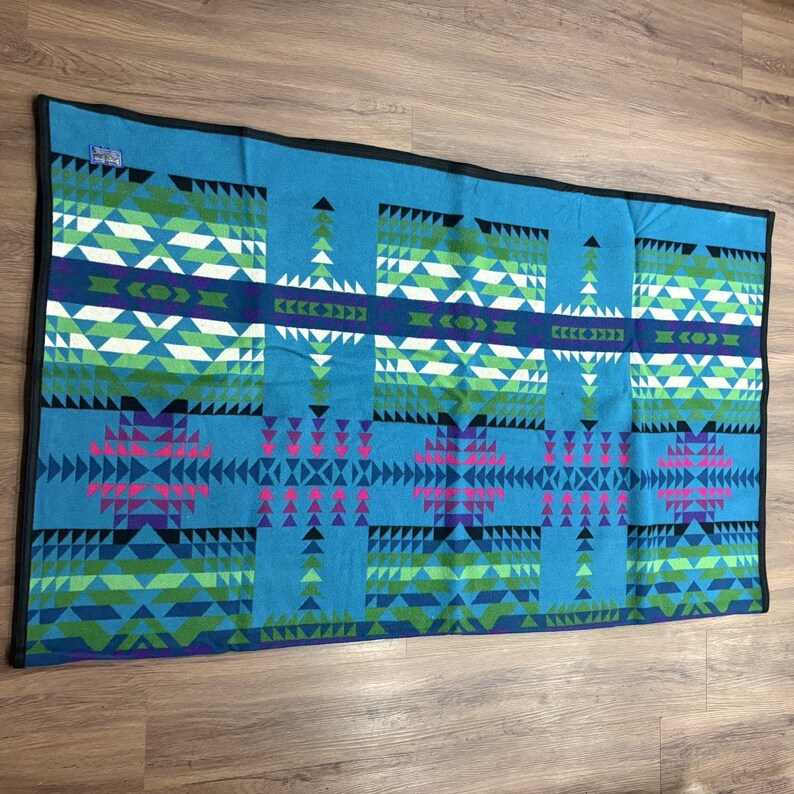 Pendleton Beaver State Wool Blanket 64x80 Geometric Blue Green Purple image 12