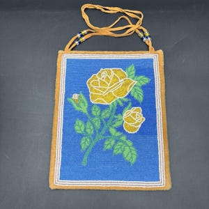 Sac à bandoulière en cuir perlé à la main vintage Roses florales + revers en laine Pendleton image 1