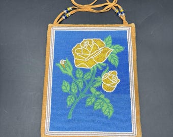 Vintage Hand-Beaded Leather Shoulder Bag Floral Roses + Pendleton Wool Reverse