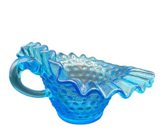 Blue Hobnail Glass Ruffled Creamer Pitcher Dish Vintage