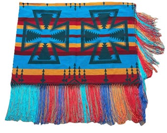 Southwestern Wool Geometric Fringed Shawl Robe Multicolor 28x78 Blue