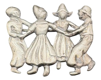Vintage Sterling Silver Dutch Folk Dancers Circle Dance Figural Brooch Pin