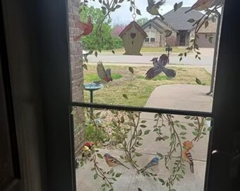 Spring Summer Green Vine Window Clings – Double-Sided Tree Leaves & Birds Glass Decals | Anti-Collision Static Stickers for Doors, Home