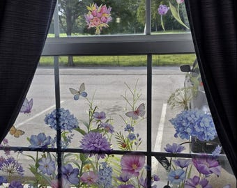 Spring Window Clings Flowers & Butterflies Set, Easter Window Decorations for Glass, Reusable Floral Window Stickers, 132PCS 9 Sheets