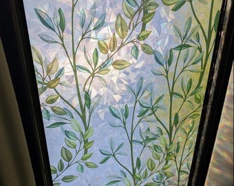 Leaf Rainbow Stained Glass Window Film 17.5x78.7 Inch, Non-Adhesive Privacy Window Cling, Removable Decorative Static Glass Sticker