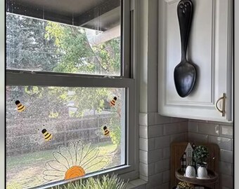 Bee and Sunflower Window Clings – 5pc Rainbow Prism Suncatcher Stickers for Glass, Reusable Double-Sided Summer Window Decals for Home