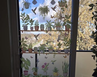 Tropical Window Clings Hanging Plant Decals Double Sided Botanical Glass Stickers Reusable No Glue Cactus Bird Window Decor for Home Office