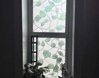 Blue Green Botanical Rainbow Privacy Window Film – Iridescent Static Cling Glass Decor for Home, Bathroom, Car, Door – Removable & Reusable