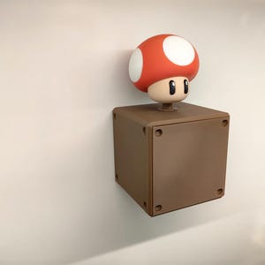 May include: A brown square block with a red mushroom character on top. The mushroom has a white-spotted red cap and a neutral face. The block has four small circular indentations on each side.