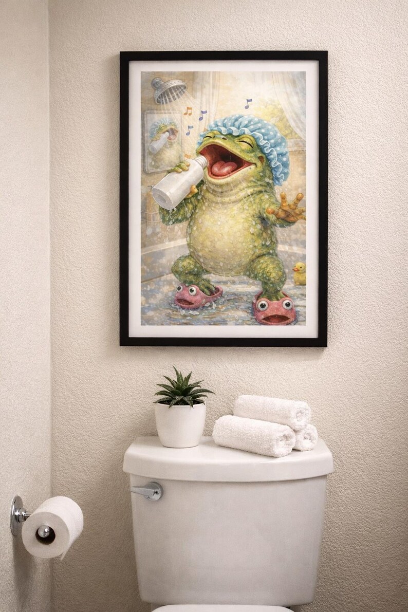 Funny Frog Bathroom Wall Art | Whimsical Shower Singing Frog Print ...