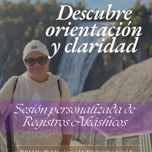 May include: Image features a person wearing sunglasses and a white beanie, standing in front of a waterfall. Text overlay reads "Descubre orientación y claridad" and "Sesión personalizada de Registros Akáshicos."