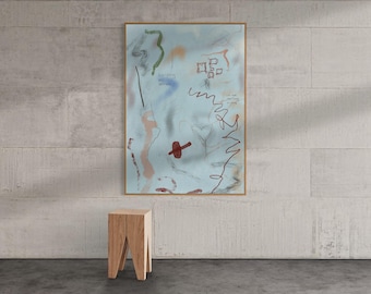Pastelblauwe minimalistische krabbel abstracte manifestatie muurkunst