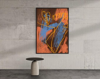Edgy aardetinten koraalblauw met gebaren abstracte krabbel kunst aan de muur