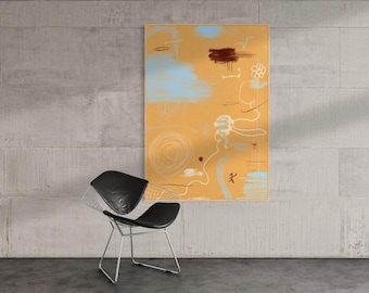 Botergeel en blauw hedendaagse abstracte expressionistische krabbelkunst