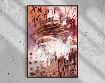 Roze en bordeauxrode moderne abstracte krabbelmuurkunst | Minimalistische graffiti-expressionistische print