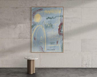Casablanca pastel hemelsblauwe minimalistische gekrabbel abstracte muurkunst