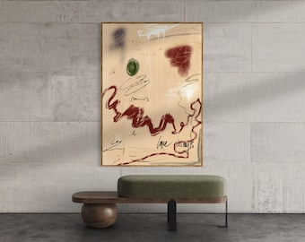 Minimalistische abstracte muurkunst beige en bordeauxrood