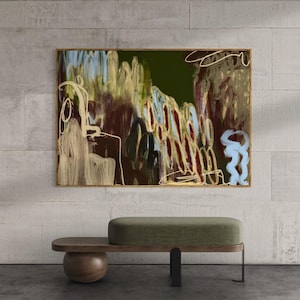 May include: A rectangular abstract painting featuring layered brushstrokes in shades of dark green, brown, cream, and light blue, framed in wood. Below the artwork sits a low bench with a dark green upholstered seat and a wooden base.