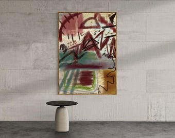 Sfeervolle blauwgroen en bordeauxrode abstracte geometrische expressionistische muurkunst