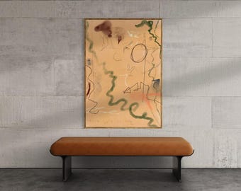 Gespannen neutrale aardetinten minimalistische expressionistische krabbel abstracte muurkunst