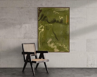 Moody olijfmosgroene abstracte expressionistische krabbelmuurkunst
