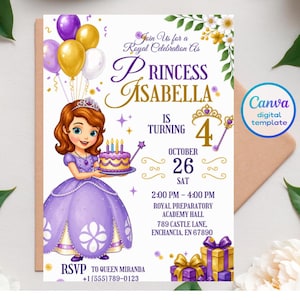May include: A birthday invitation card featuring a cartoon princess in a purple dress holding a cake, with balloons, a tiara, and gift boxes. The text reads: Join Us for a Royal Celebration As Princess Isabella Is Turning 4, October 26, Sat.