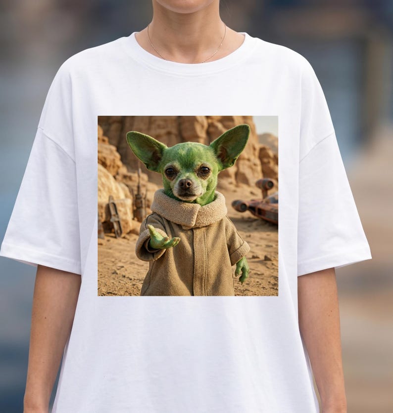 K&ouml;nnte beinhalten: Wei&szlig;es T-Shirt mit einem quadratischen Aufdruck. Der Aufdruck zeigt einen gr&uuml;nen Chihuahua in einem braunen Mantel und beigem Kragen vor einer W&uuml;stenkulisse. Der Hund streckt eine Hand aus. Ein Raumschiff ist im Hintergrund zu sehen.