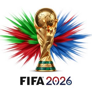 May include: A gold trophy with a globe on top, set against a backdrop of red, green, and blue brushstrokes. The text "FIFA 2026" is displayed in black below the trophy, with the year in red and blue.
