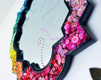 Large Rainbow Mosaic Mirror, 24x20 Wall Mirror, Colorful Glass Art Mirror, Handmade Statement Decor, Iridescent Gem Mosaic, One of a Kind
