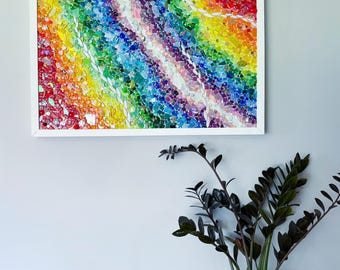 Large One of a Kind Rainbow Mosaic Wall Art 36”x24”, Handmade Glass Mosaic Artwork, Colorful Statement Wall Decor, Textured Mixed Media Art
