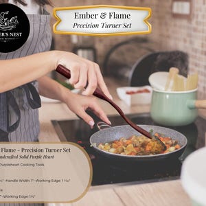 May include: A person using a handcrafted purpleheart wood turner set. The set includes a larger spatula, 10.5 inches long, and a precision spatula, 5.5 inches long. The turner is used to stir food in a pan on a stovetop.