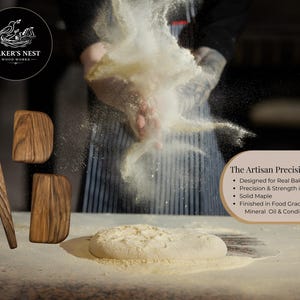 May include: A wooden Artisan Precision Set for baking, including a rolling pin and two dough scrapers. The image shows the tools with a loaf of dough and flour being tossed. The set is made of solid maple and finished with mineral oil.