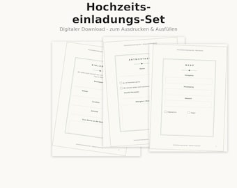 May include: A digital wedding invitation set featuring three white cards with black text and thin borders. The cards include an invitation, an RSVP card, and a menu card with blank lines for filling in details like date, location, and meal choices.