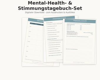 May include: A digital mental health and mood journal set featuring three printable pages with blue headers. The pages include a daily tracker, a collection of coping strategies with checkboxes, and an emergency contact and crisis plan template.