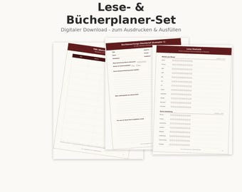 May include: A digital reading and book planner set featuring three white pages with dark red headers. The pages include a TBR list, a book review form, and a reading statistics tracker with checkboxes and lines for writing notes.