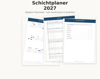 May include: A digital shift planner for 2027 featuring three white pages with dark blue headers. The pages include a yearly calendar overview, a monthly schedule for May 2027 with hourly time slots, and a yearly statistics form for tracking work.