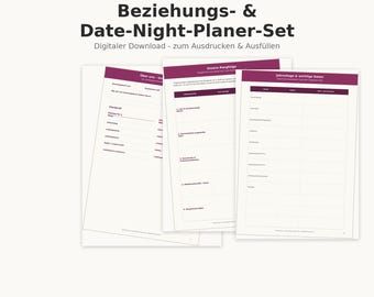 May include: A digital relationship and date night planner set featuring three white pages with dark purple headers and text. The pages include sections for personal details, relationship milestones, and important dates to be filled out by hand.