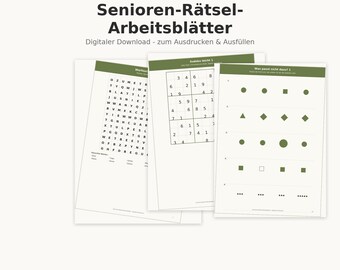 May include: A set of printable puzzle worksheets for seniors featuring a word search, a Sudoku grid, and a pattern recognition exercise. The pages have a white background with olive green headers and black text. The title reads Senioren-Rätsel-Arbeitsblätter.