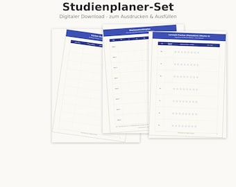 May include: A digital study planner set featuring three white printable pages with blue headers. The text reads Studienplaner-Set, Digitaler Download - zum Ausdrucken & Ausfüllen, Fächer-Kurse, Wochenstundenplan, and Lernzeit-Tracker (Pomodoro) (Woche 1).