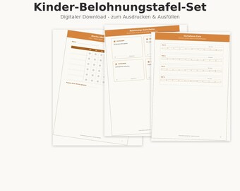 May include: A digital reward chart set for children featuring three printable pages with orange headers. The documents include a weekly tracker with star icons, reward vouchers, and behavioral goal lists with blank spaces for writing names and tasks.