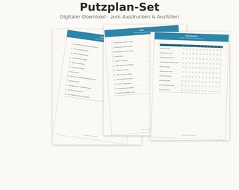 May include: A digital cleaning schedule set featuring three white pages with blue headers and text in German. The pages include checklists for kitchen and bathroom tasks, plus a monthly tracking grid for household chores to be printed and filled out.