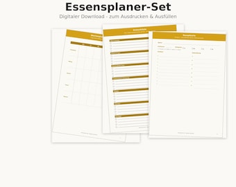 May include: A meal planner set featuring three white printable sheets with mustard yellow headers and accents. The text includes "Essensplaner-Set", "Digitaler Download - zum Ausdrücken & Ausfüllen", "Wochenplan", "Einkaufsliste", "Rezeptkarte", and "Wochenplan, Einkaufsliste & Rezeptkarten für deine Küche".