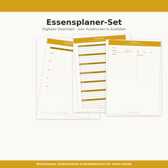 Essensplaner-Set - Wochenplan, Einkaufsliste nach Kategorien & Rezeptkarten - Reste-Planer - Digitaler Download PDF