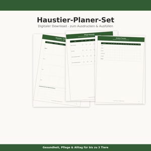 Puede incluir: Un conjunto de planificadores para mascotas con tres páginas imprimibles con encabezados de color verde oscuro. El texto incluye Haustier-Planer-Set, Digitaler Download - zum Ausdrucken & Ausfüllen, Gewichts-/Wachstumskontrolle, Pflege-Kalender, Kosten-Tracker y Gesundheit, Pflege & Alltag für bis zu 3 Tiere.