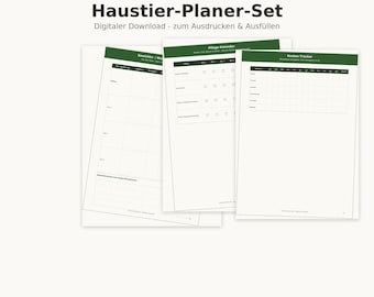 May include: A digital pet planner set featuring three printable pages with dark green headers. The text includes Haustier-Planer-Set, Digitaler Download - zum Ausdrucken & Ausfüllen, Gewichts-/Wachstumskontrolle, Pflege-Kalender, Kosten-Tracker, and Gesundheit, Pflege & Alltag für bis zu 3 Tiere.