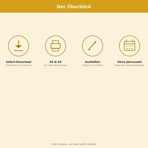 May include: An infographic titled Der &Uuml;berblick with four icons: a download arrow, A4 and A5 paper sizes, a diagonal line for fillable fields, and a calendar. Text includes Sofort-Download, A4 & A5, Ausf&uuml;llbar, Ohne Jahreszahl, and Alles inklusive - ein Kauf, sofort startklar.